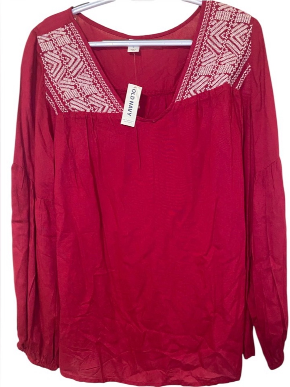 Old Navy Crimson Red Embroidered V-Neck Peasant Blouse